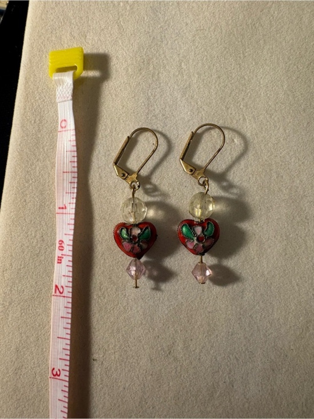 Handcrafted Red Heart Drop Earrings with Floral Accent